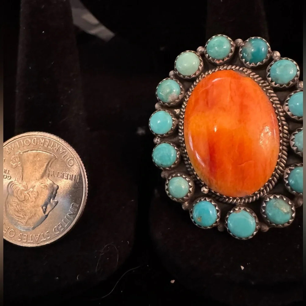 Spiny oyster Orange &‎ genuine, Kingman Turquoise Statement Ring sterling silver